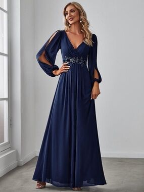 NWT Ever Pretty Elegant Chiffon V-Neckline Long Sleeve Formal Evening Dress, 22